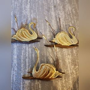 (3) Vintage 3-D metal Swan wall art decor gold/brass color